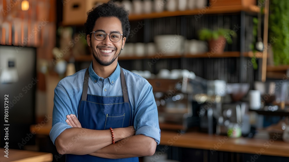 a smiling young mixed race male cafe owner standing with arms crossed at the counter in a coffee shop, looking happy and confident, wearing a blue apron. small business concept. generative AI a smiling young mixed race male cafe owner standing with arms crossed at the counter in a coffee shop, looking happy and confident, wearing a blue apron. small business concept. generative AI