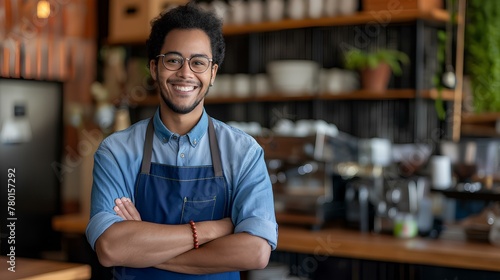 a smiling young mixed race male cafe owner standing with arms crossed at the counter in a coffee shop, looking happy and confident, wearing a blue apron. small business concept. generative AI © yj