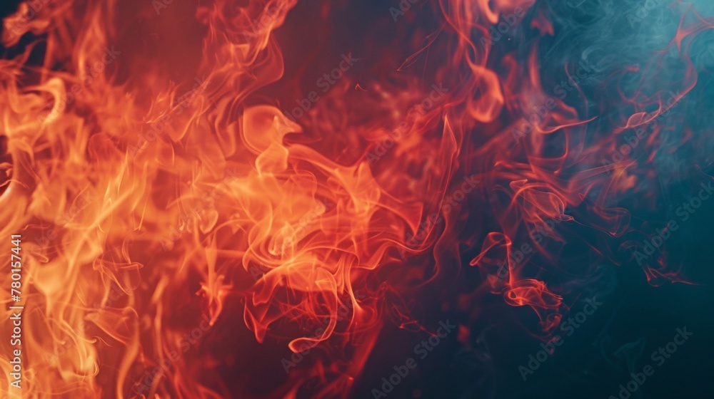 Close up view of fiery flames and swirling smoke against a dark black backdrop Close up view of fiery flames and swirling smoke against a dark black backdrop