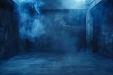 Dark Blue Cement Studio Room with Floating Smoke, Empty Interior Background