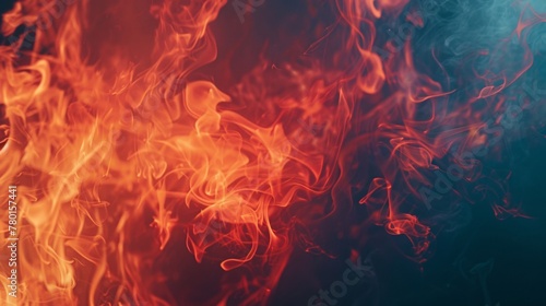 Close up view of fiery flames and swirling smoke against a dark black backdrop