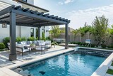 Luxurious backyard oasis with sleek outdoor furniture and refreshing pool, contemporary pergola illustration