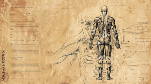 Anatomy treatise, featuring a drawing of a human figure from the back, showing the muscles and bones of the full body on an old, textured, yellowed paper. Sketches for the background of academic study © Domingo