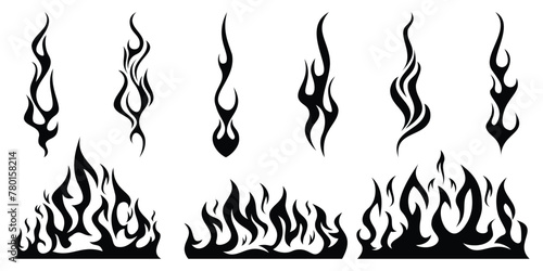 Silhouette Fire flames. Old school tattoo neo-tribal style or silhouette flame for cars. set vector icons. Fire sign. Fire flame icon isolated on white background. Vector illustration photo