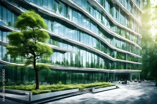 Delight in the fusion of modernity and sustainability with the presence of an eco-friendly glass office building in a bustling urban center. Trees envelop the structure, contributing to efforts to com photo