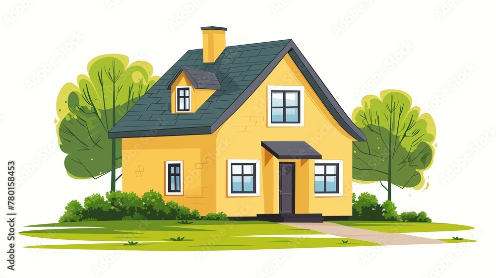 Fototapeta premium Charming Family Home Illustration with Lush Greenery and Blue Sky