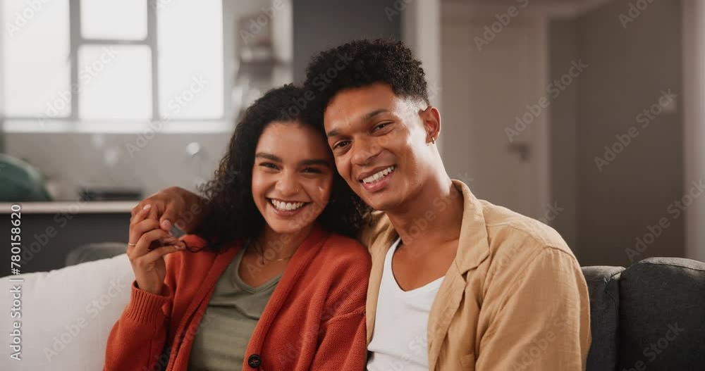 Happy couple, relax and love with hug on sofa for bonding, relationship or holiday weekend together at home. Portrait of man and woman with smile for comfort, support or care in embrace at the house Happy couple, relax and love with hug on sofa for bonding, relationship or holiday weekend together at home. Portrait of man and woman with smile for comfort, support or care in embrace at the house