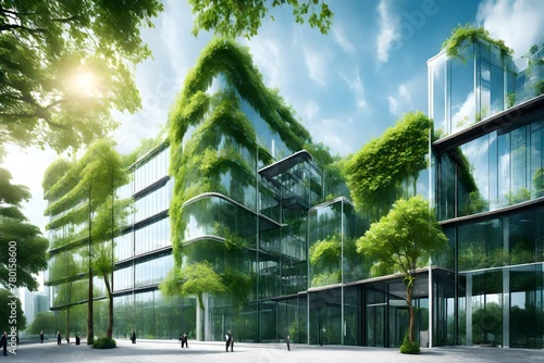 A stunning view of an eco-friendly building nestled in the heart of a modern cityscape. The sustainable glass office structure is adorned with lush greenery, including trees strategically planted to r photo