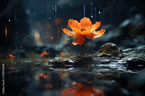 Vibrant orange flower blossoming on a rainy night, with water droplets and soft reflections on a serene water surface, conveying a mood of tranquility and the beauty of nature.