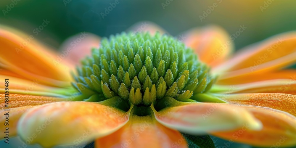 Fototapeta premium Close-up of a vibrant orange and green flower with a blurred background, highlighting the intricate patterns of the petals and the flower's center.