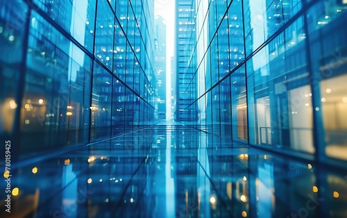 Modern glass facade of skyscrapers, reflecting blue tones with a symmetrical perspective, conveying corporate or urban architecture themes.