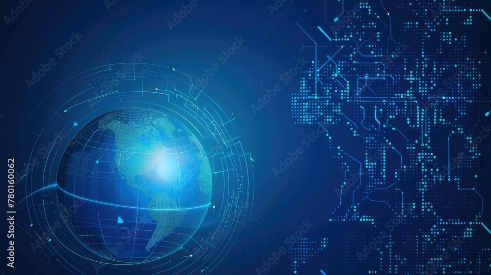 Digital globe with binary code and circuit lines on a blue background, symbolizing global communication, technology, and data connectivity. Digital globe with binary code and circuit lines on a blue background, symbolizing global communication, technology, and data connectivity.