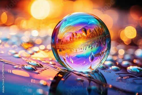 Vibrant crystal ball reflecting a sunset landscape amidst glistening water droplets on a reflective surface, with a warm bokeh background.