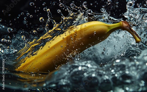 Dynamic image of a ripe banana splashing into water, with water droplets frozen in motion against a dark background, highlighting freshness and vitality.