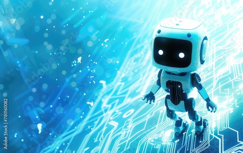 Futuristic digital illustration of a cute white robot with a friendly face against a dynamic blue background with abstract tech elements and light rays.