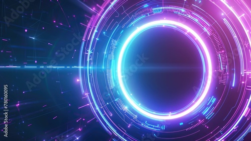 Futuristic neon portal with glowing blue and pink lights on a dark background, symbolizing high-tech, virtual reality, and sci-fi concepts.