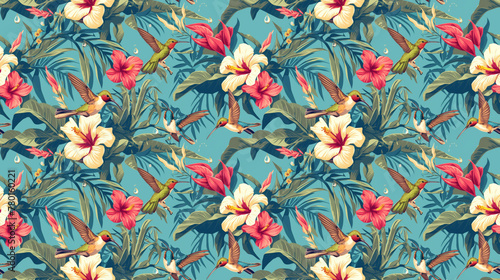 Hummingbirds and raindrops, a tropical dance, seamless,