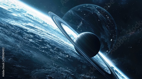 Futuristic space scene with planets and a glowing cosmic horizon, depicting a science fiction or fantasy universe.