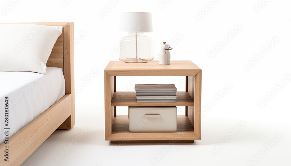 Fototapeta premium A wooden nightstand with a lamp books and a decorative bottle on top of it