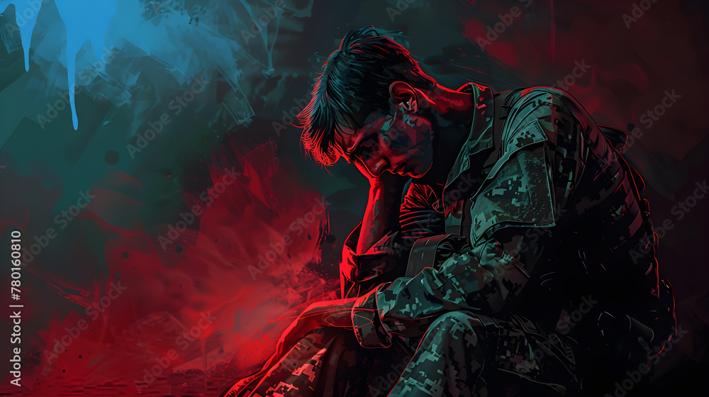 Illustration of a stressed and traumatized soldier for PTSD awareness month