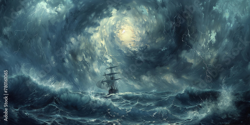Digital illustration showcasing a historic galleon sailing through the stormy sea illuminated by the full moon, with tumultuous waves and a striking contrast of light and shadow.