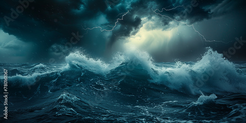 Through digital art, behold the awe-inspiring display of nature's might as tumultuous ocean waves roll under a stormy sky, electrified by lightning strikes amidst the intense energy of thunderclouds.