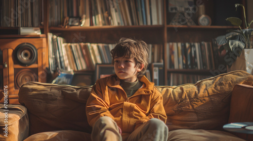 A contemplative young boy sits on a vintage sofa, his thoughtful gaze set against a backdrop of a bookshelf filled with vinyl records.