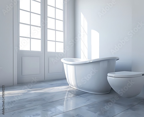 3D rendering of a modern bathroom interior with white walls and gray floor