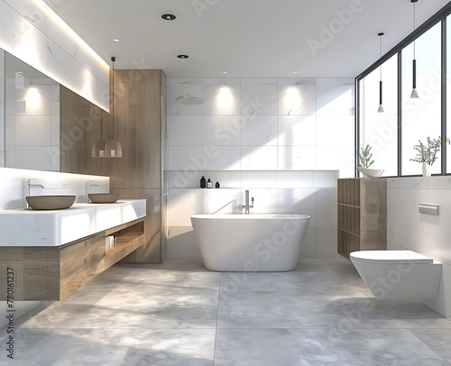 3D rendering of a modern bathroom interior with white walls and gray floor
