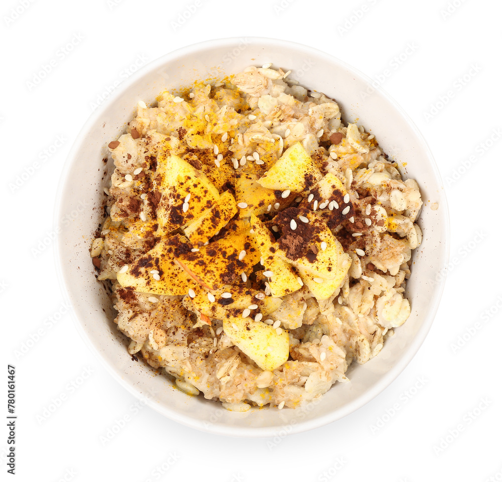 Tasty oatmeal with apple and cinnamon on white background Tasty oatmeal with apple and cinnamon on white background