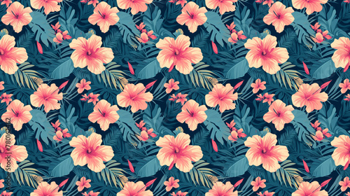 Tropical Paradise Vivid hibiscus and lush palm leaves  seamless 