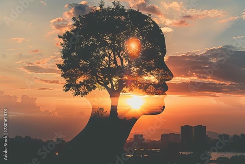 Human head silhouette with tree of life brain, self care and mental health concept