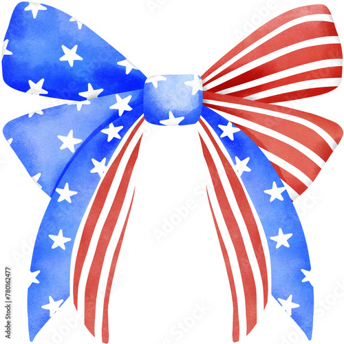 4th of july coquette bow stars and stripes clipart, Red white blue ribbon watercolor illustration, American girly girl decoration.