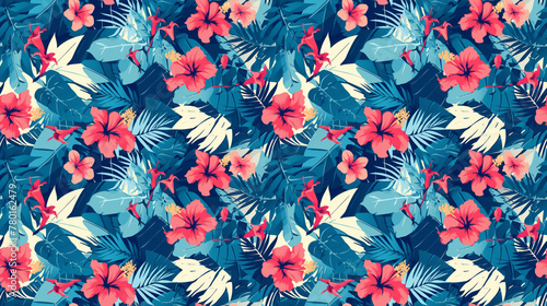 Tropical Paradise,Vivid hibiscus and lush palm leaves, seamless,