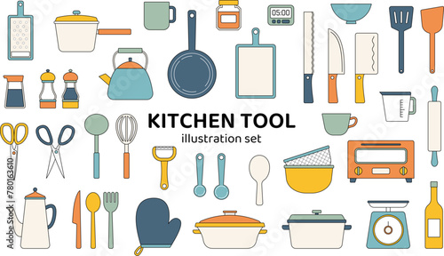 キッチンツール　シンプル　線画　イラスト　セット　家電　台所　アイコン　カフェ　レストラン　カラー