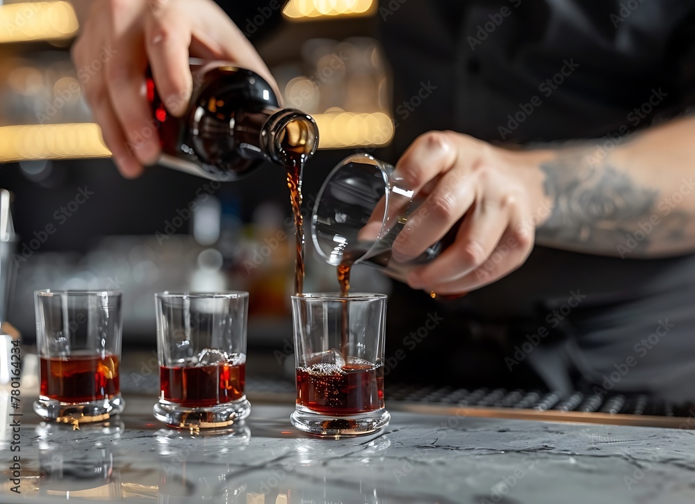 A barman pouring shots of jagermeister and red wine into shot glasses on the bar counter