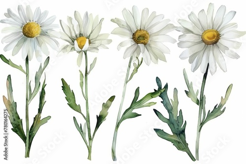 Watercolor Set of White Daisy Chamomile Flowers, Cute Floral Illustration