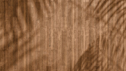 top view of soft brown table with high resolution texture and palm leafs shadows, summer table background with empty space for text or design, soft cozy sunny table backdrop, wooden texture seamless