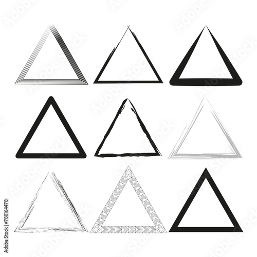 Set of varied triangle shapes in black and white. Geometric diversity collection. Simple triangle silhouettes. Vector illustration. EPS 10.