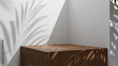 Luxury summer high quality wooden table display with palm leafs shadows and soft sun light on white walls backdrop. Podium, copy space for cosmetic or beauty products and design, minimalistic mock up
