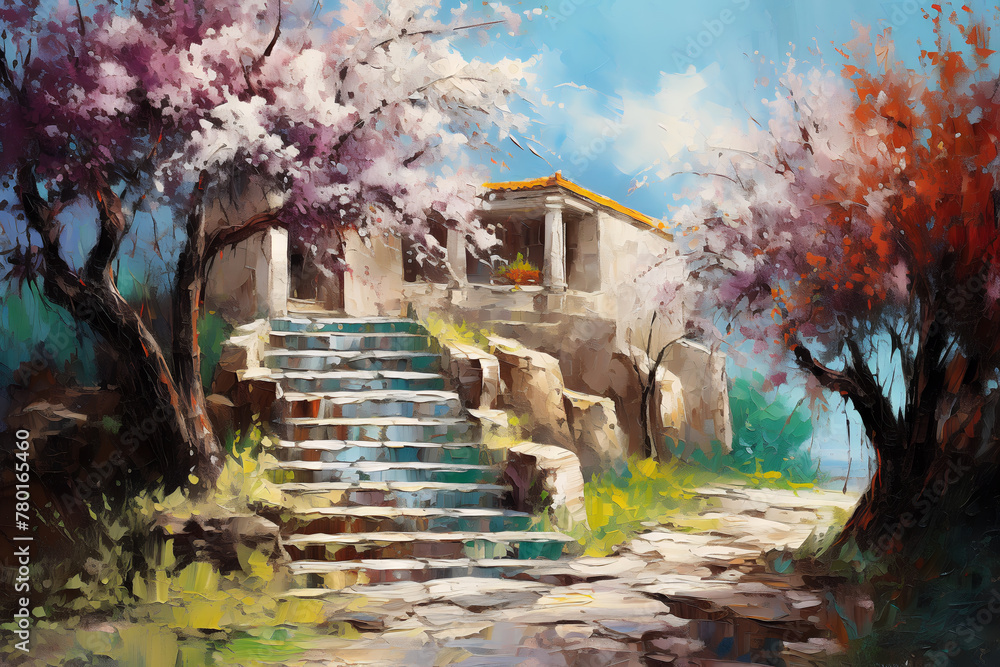 Ancient Greece. Spring landscape. Oil painting in impressionism style. Horizontal composition. - obrazy, fototapety, plakaty 