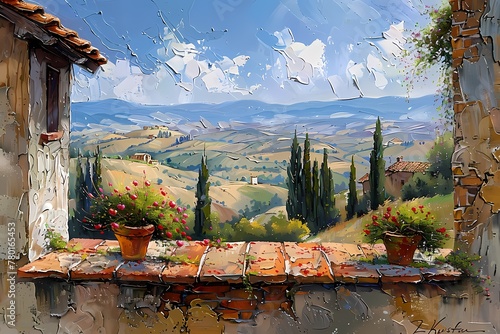  Landscape Oil painting in moody vintage farmhouse style features view from the French balcony of Tuscany wall art, digital art prints, home decor