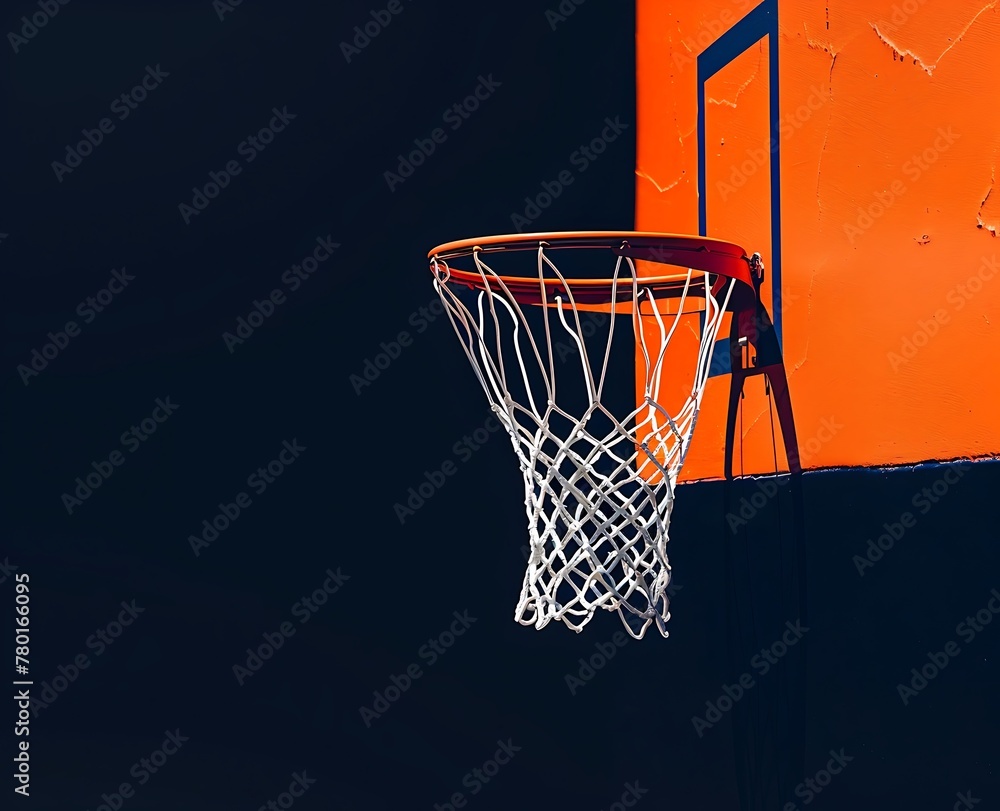 A basketball hoop with a white net on a black background