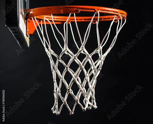 A basketball hoop with a white net and orange rim on a black background © Noor