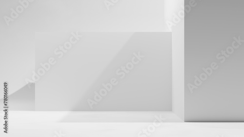 White bright clean blank room with white walls and floor and shadows. Empty room studio background. product placement display room white abstract geometrical forms isolated on white