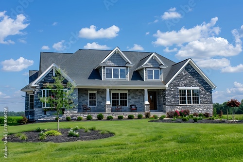 A beautiful grey stone and brick home with white trim