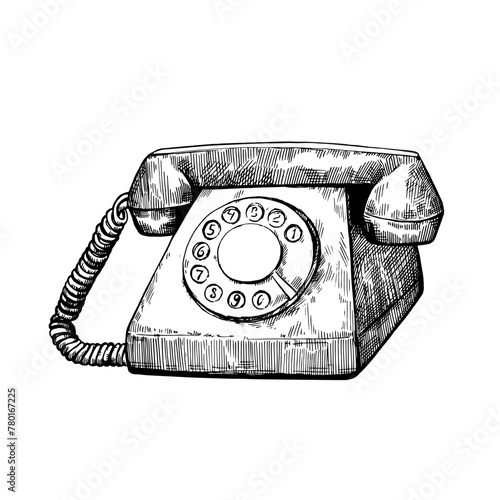 Retro telephone in vintage engraving style. Vector hand drawn illustration isolated on white background