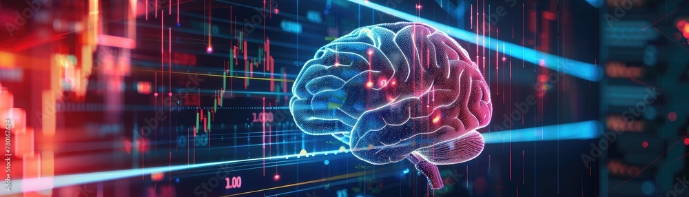 A digital art representation of a human brain with neural pathways lighting up in the pattern of stock market graphs A digital art representation of a human brain with neural pathways lighting up in the pattern of stock market graphs