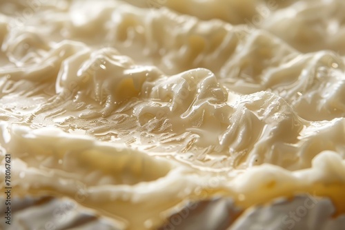 A detailed macro shot of the rind of a Brie cheese showcasing texture and depth