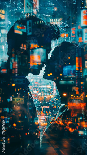 Couple in love at night. double exposure photo of a couple and urban City lights. Passion and secret romance. nightlife concept.